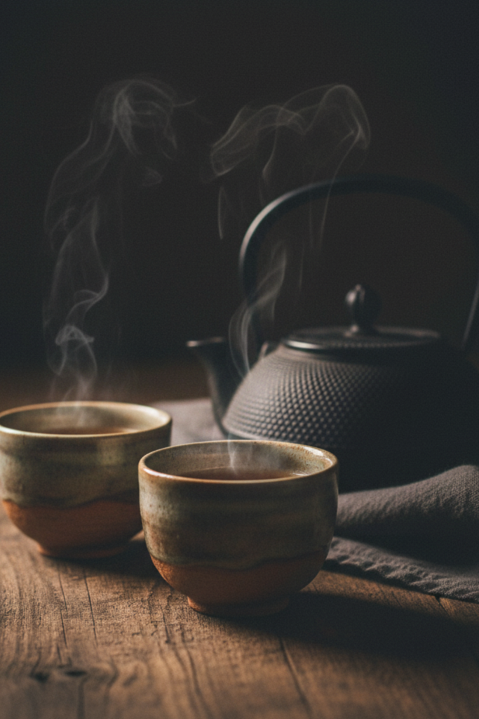 Two ceramic teacups with gentle steam rising, placed beside a teapot on a wooden surface. Warm ambient lighting, evening mood, soft shadows, intimate and cozy atmosphere. No people, no text, Pinte