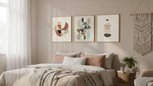 3 art pieces on a bedroom wall