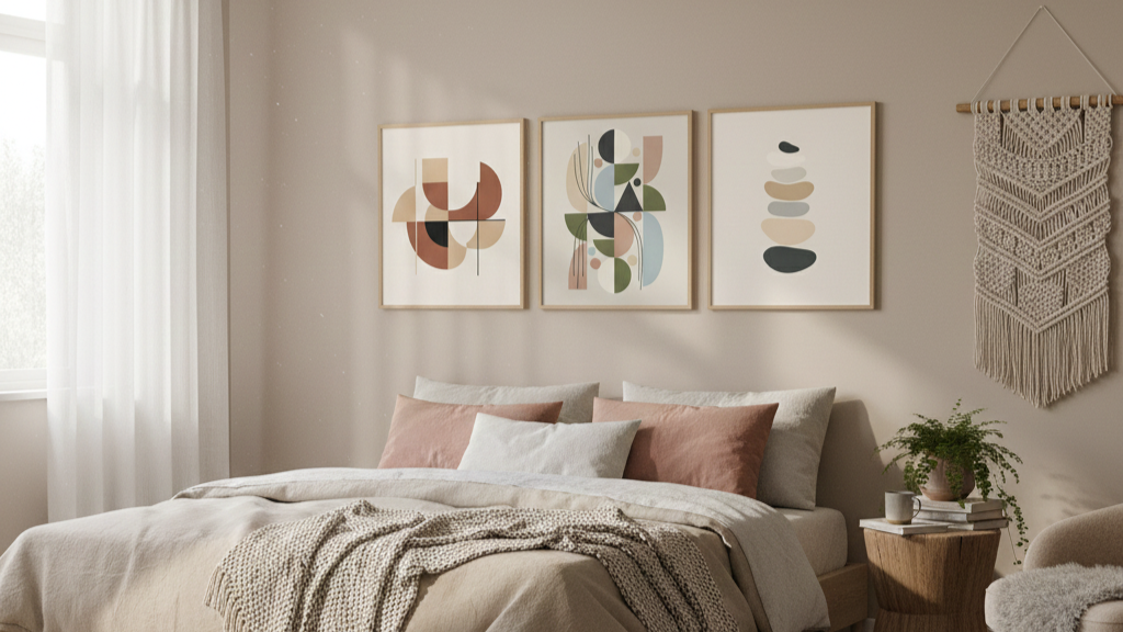 3 art pieces on a bedroom wall