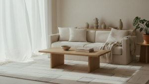 basic scandi living room with sofa, white linen curtains and a table