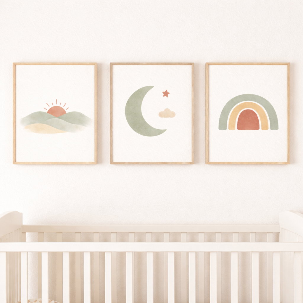 above crib neutral sage terracotta nursery wall art