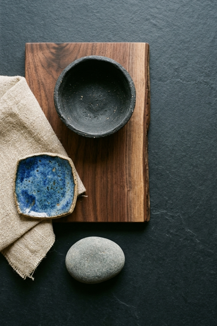 Dark Japandi flat lay with charcoal ceramic, cobalt blue glazed piece, warm linen fabric and dark timber — showing the grounded palette of Dark Japandi.