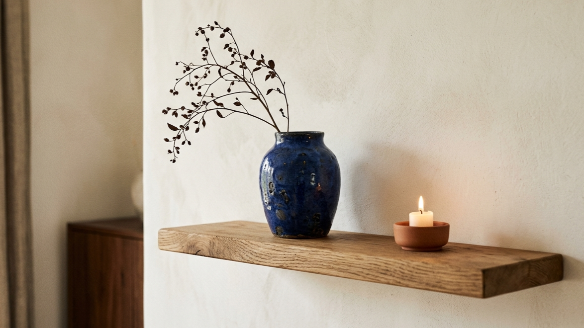Handmade cobalt blue ceramic vase on a light oak floating shelf, styled with a candle and dried branch. Dark Japandi shelf styling.