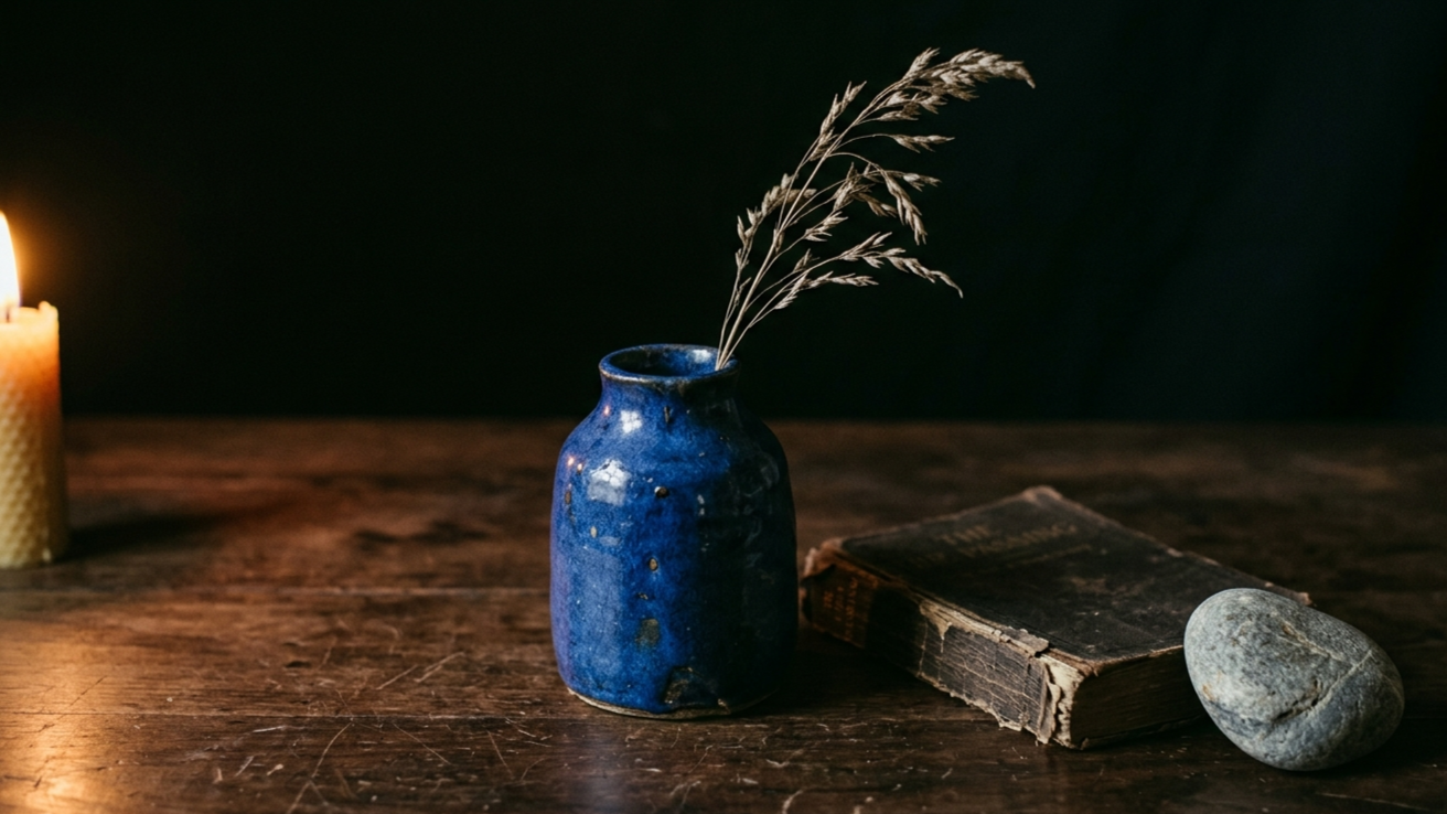 A handmade cobalt blue ceramic vase with a dried stem, a worn book and a smooth stone on a dark walnut surface. Quiet Dark Japandi still life.