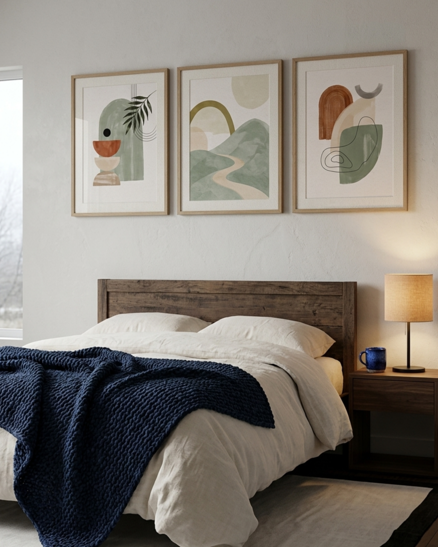 Dark Japandi bedroom with natural linen bedding, a deep indigo throw at the foot of the bed, a small cobalt ceramic on the bedside table, and neutral abstract prints above the bed.
