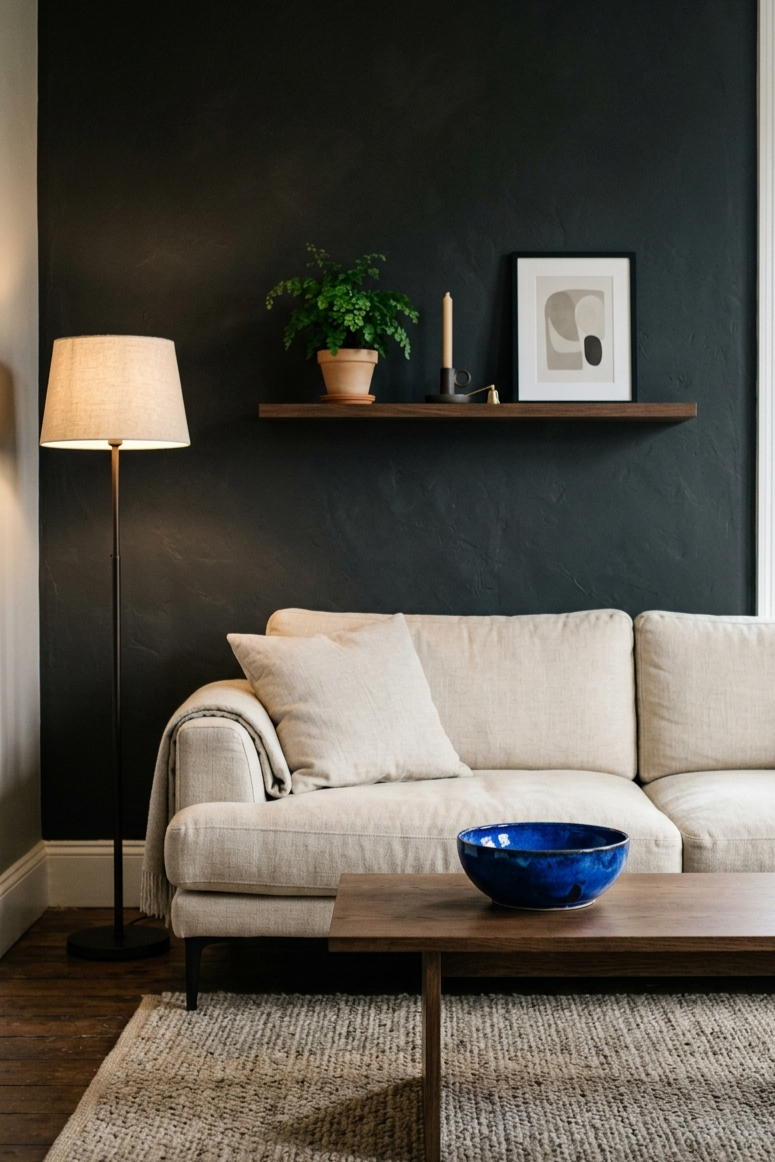 Minimal Dark Japandi living room with a cobalt ceramic bowl on a wooden coffee table, linen sofa, and oak shelf styled with a candle and neutral art print.