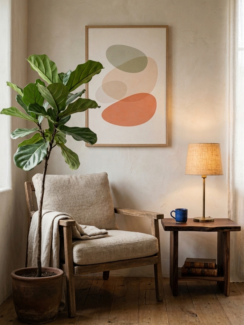 Dark Japandi reading corner with a wooden armchair, linen throw, cobalt ceramic mug, and a single neutral abstract print on the wall above.