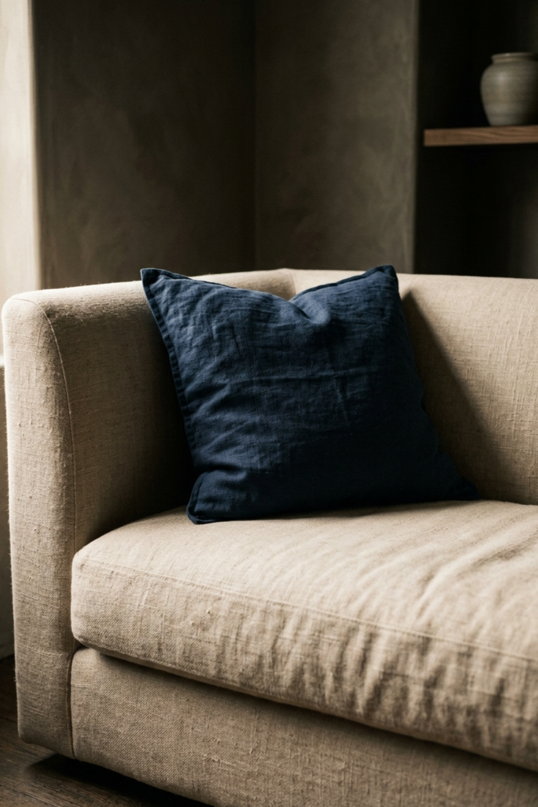 A single deep indigo linen cushion on a warm oatmeal linen sofa. Minimal Dark Japandi textile styling.