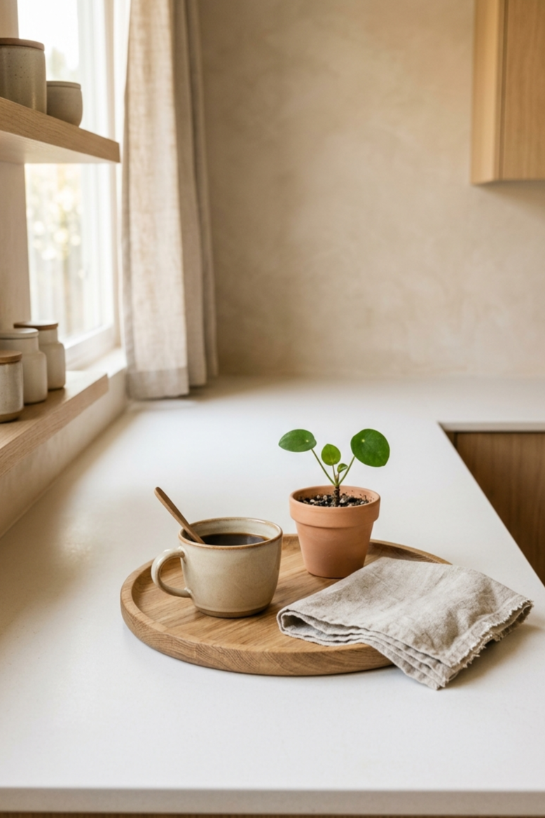 Minimal japandi kitchen counter with round wooden tray holding a ceramic cup and small potted plant in warm morning sidelight
