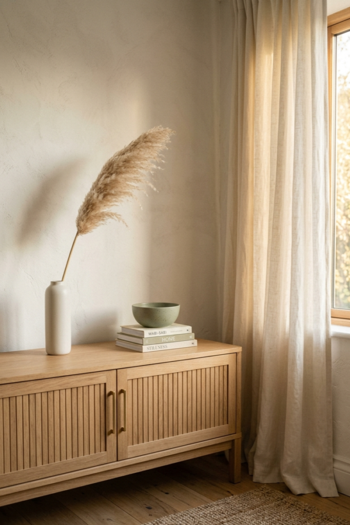 A serene Japandi living room with a clear wooden sideboard, ceramic vase, and linen curtains — a visually calm space that illustrates the aesthetic layer of home design.