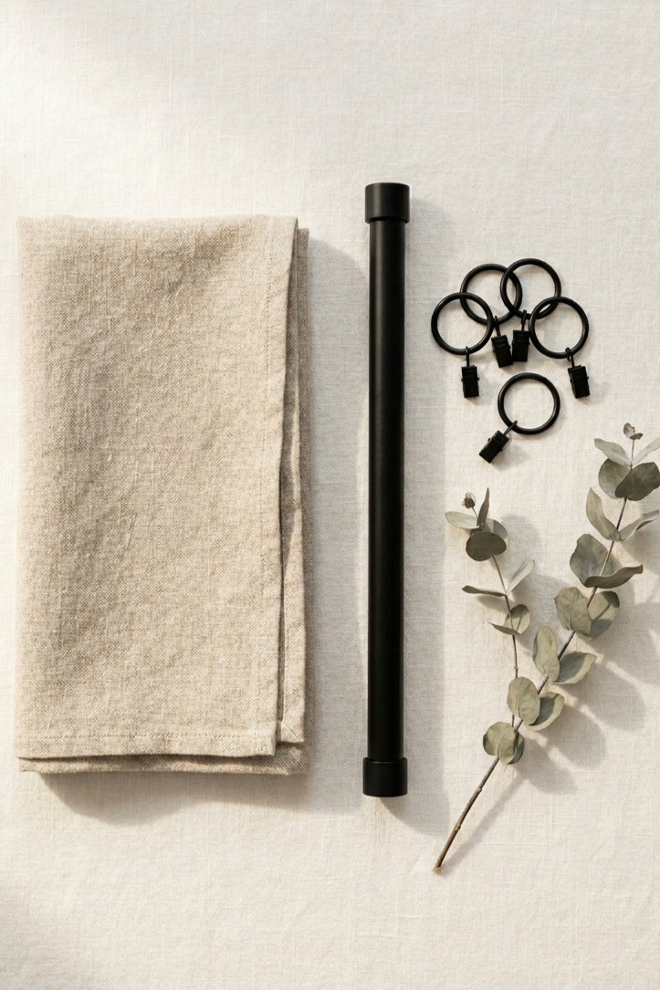 Flat lay of natural oat linen fabric swatch, matte black curtain rod, and clip rings on a white linen surface — a guide to choosing linen curtain hardware.