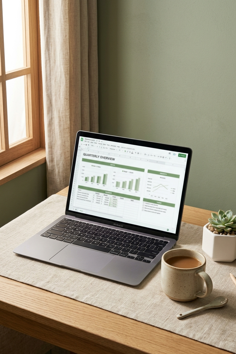 Minimal japandi desk with open laptop showing household dashboard, ceramic coffee mug and white succulent pot in warm morning light