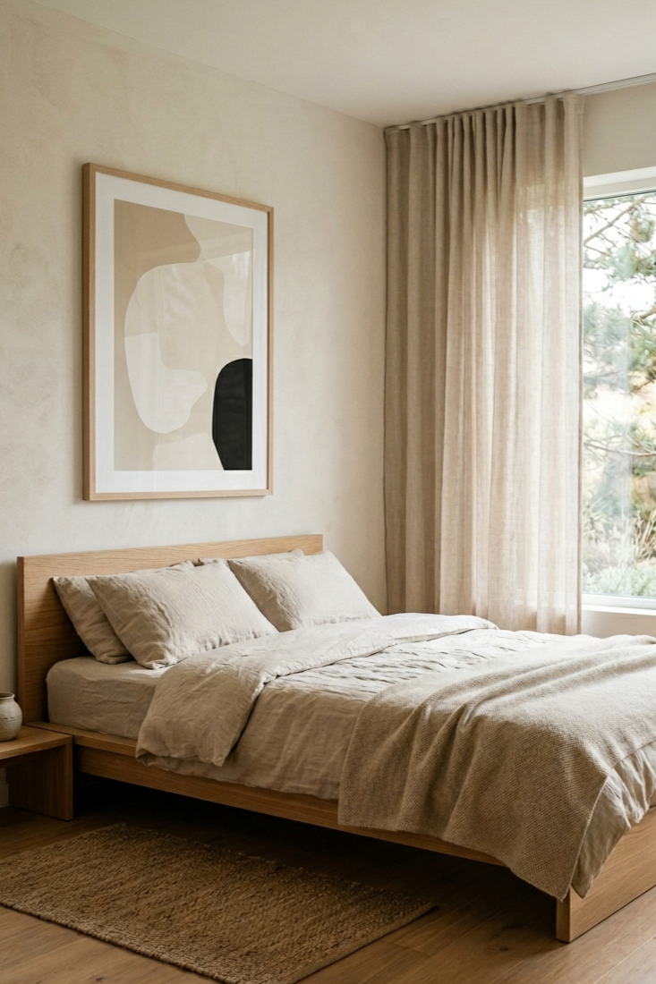 Minimal Japandi bedroom with linen bedding, a low wooden bed frame, and a tall natural linen curtain panel filtering soft morning light through a wide window.
