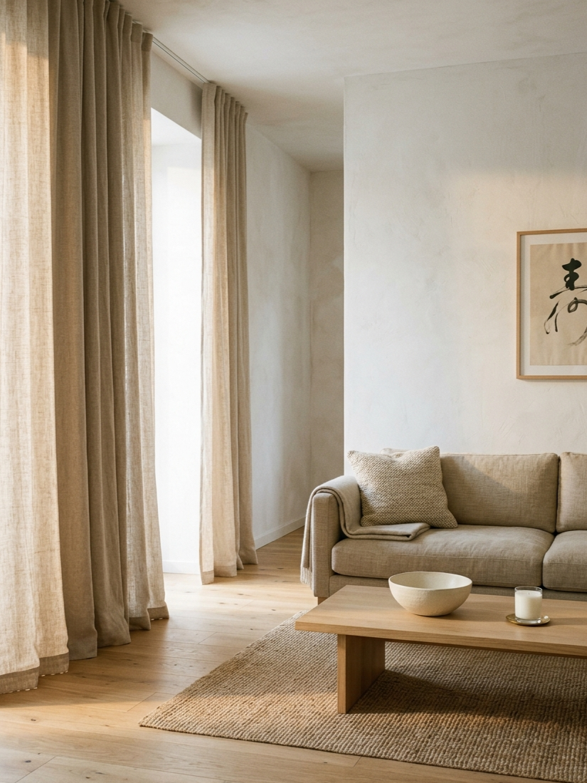 Calm Japandi living room in late afternoon light with two natural linen curtain panels hung ceiling to floor, a low oak coffee table, ceramic bowl, and linen sofa — the complete linen curtain effect.