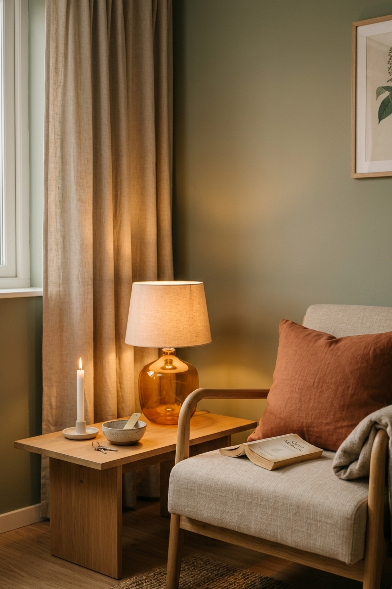 Cozy japandi corner at dusk with warm amber lamp, linen curtains, wooden side table, candle and terracotta cushion on linen chair