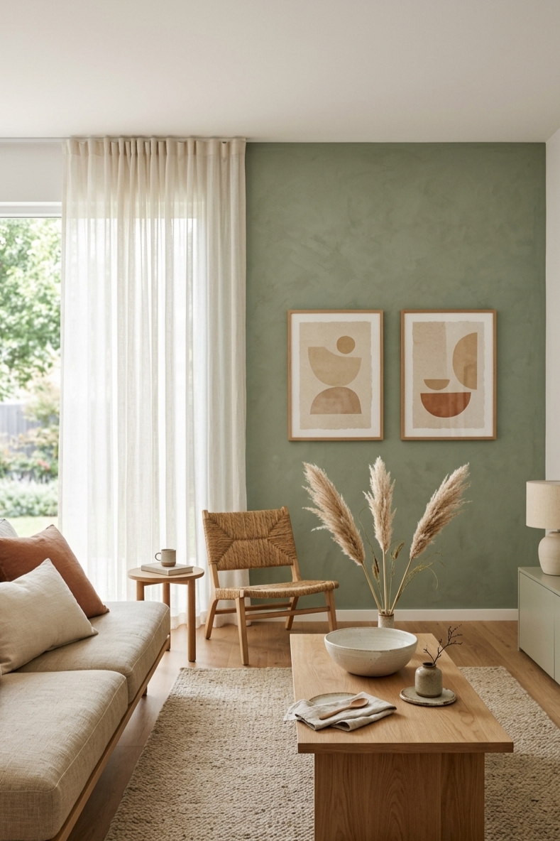 Bright Japandi living room with sage green accents, low wooden coffee table, linen curtains and abstract art prints in warm morning light