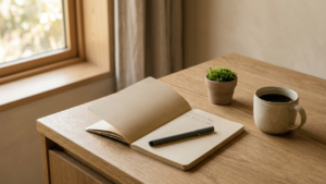 Open notebook and ceramic mug on a warm oak surface in a minimal Japandi kitchen — representing a calm household planning system.