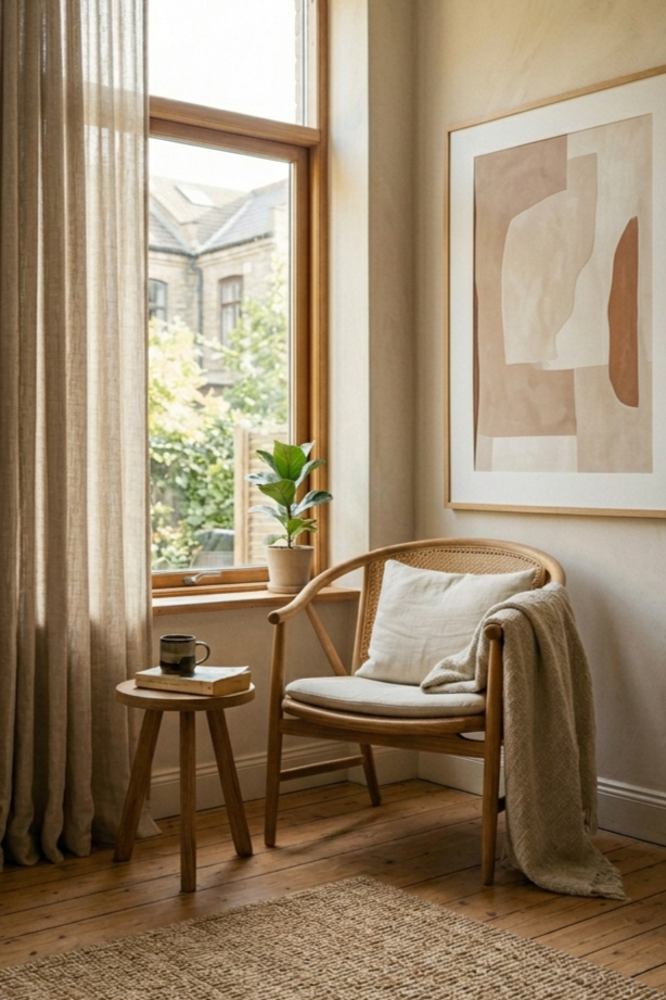 Japandi reading corner with a wooden armchair, natural linen throw, and a linen curtain panel diffusing soft afternoon light beside the window.