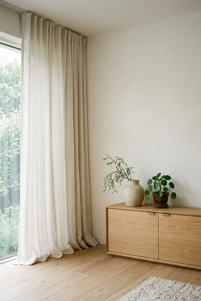 Minimal Japandi living room corner with tall natural linen curtain panels hung from ceiling to floor, a low wooden sideboard and single ceramic vase beneath.