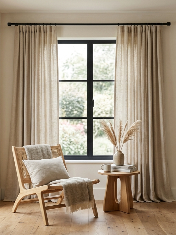 A serene, minimalist living room showcasing Japandi and Scandinavian design. A full view of a bright room with light oak floors, a wooden lounge chair with a throw pillow, and tall, floor-to-ceiling beige linen curtains. The curtains hang from a sturdy, substantial matte black rod with simple cylindrical end caps.