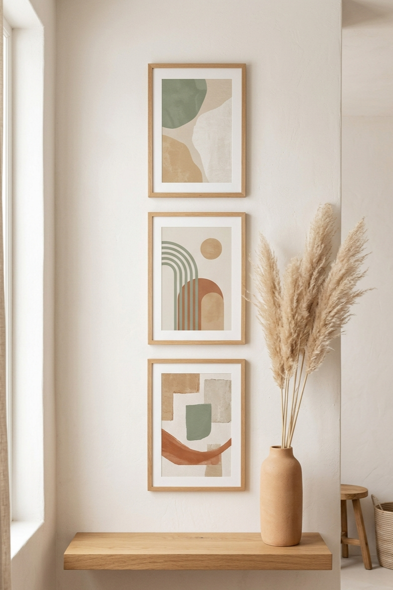 Three abstract japandi art prints in natural oak frames on white wall with ceramic vase and dried pampas grass on wooden shelf below