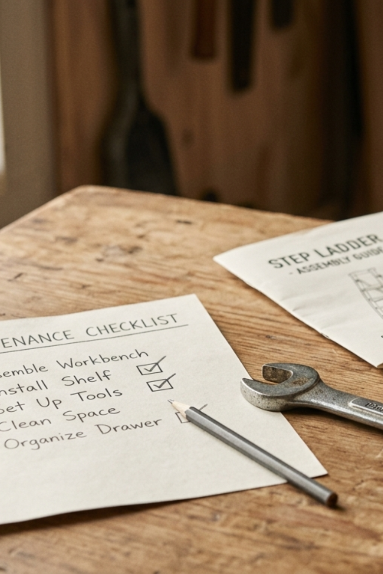 A home maintenance checklist on paper beside a small wrench and ceramic mug on a wood surface — representing a simple system for tracking household upkeep.