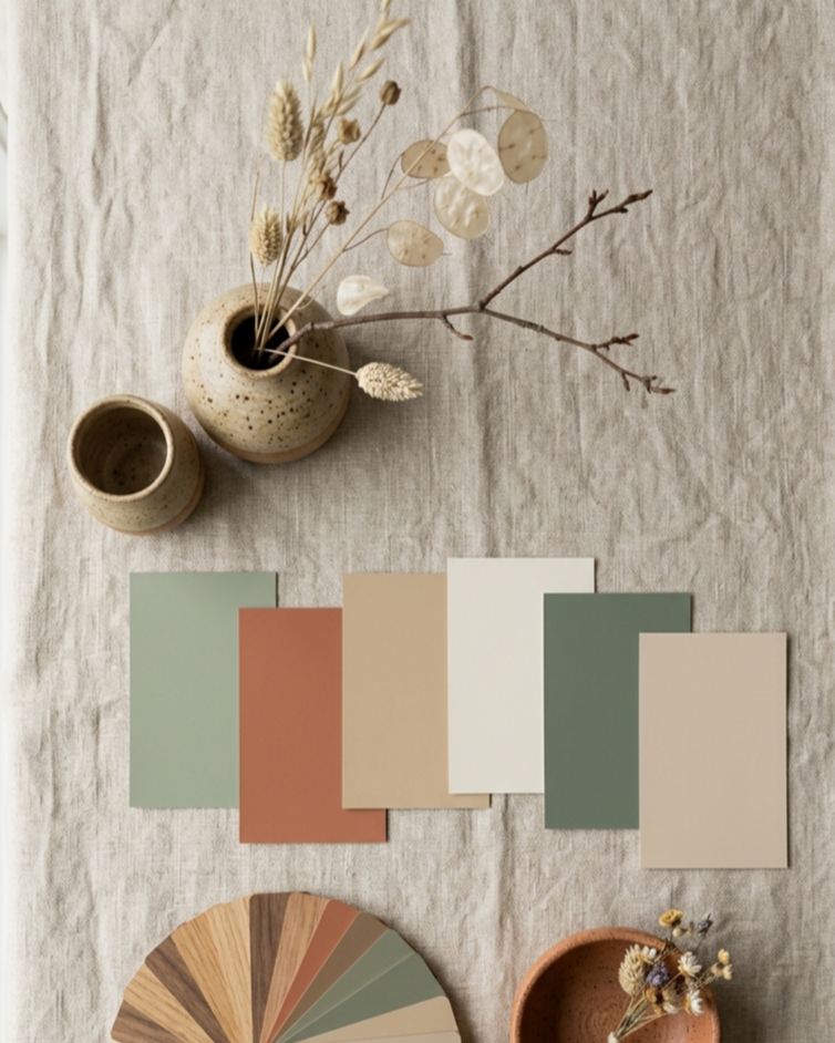 Overhead flat lay of japandi colour palette swatches in sage green terracotta and beige with ceramic vessels and dried botanicals on linen