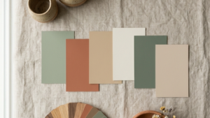 Overhead flat lay of japandi colour palette swatches in sage green terracotta and beige with ceramic vessels and dried botanicals on linen