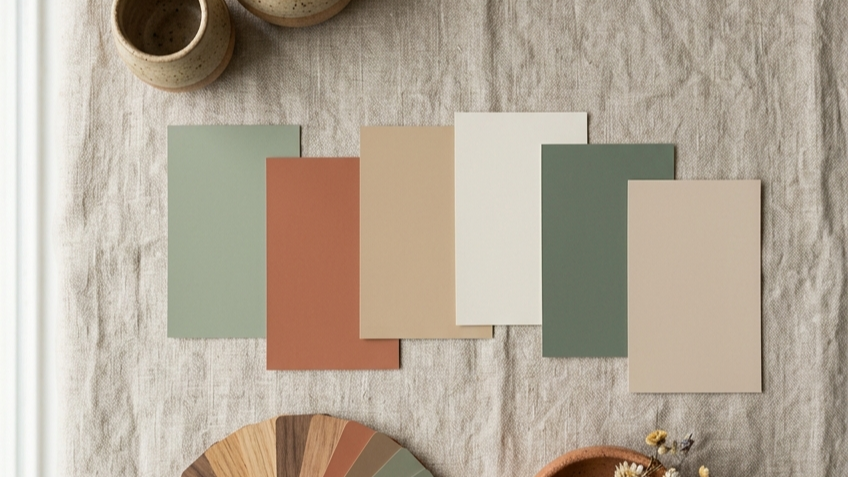 Overhead flat lay of japandi colour palette swatches in sage green terracotta and beige with ceramic vessels and dried botanicals on linen