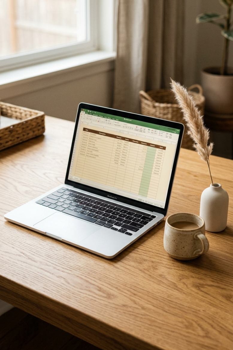 A minimal laptop on an oak desk displaying a muted household planning spreadsheet — a calm digital system for managing home budgets, cleaning, and maintenance in one place.