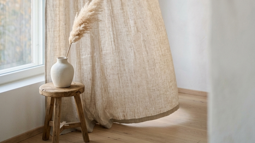 Natural oat linen curtain panel hanging from ceiling to floor, filtering soft morning light, with a wooden stool and ceramic mug below. Japandi minimal interior.