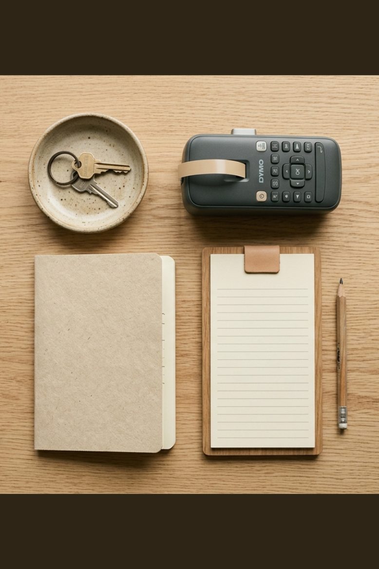 An overhead flat lay of a ceramic entry dish, label maker, notebook, and magnetic notepad on a linen surface — practical tools for managing the functional layer of a calm home.