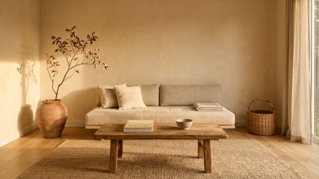 A calm, edited afrohemian living room with parchment walls, natural linen sofa, hand-carved coffee table, terracotta ceramic and woven basket in warm afternoon light with generous negative space