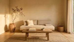 A calm, edited afrohemian living room with parchment walls, natural linen sofa, hand-carved coffee table, terracotta ceramic and woven basket in warm afternoon light with generous negative space