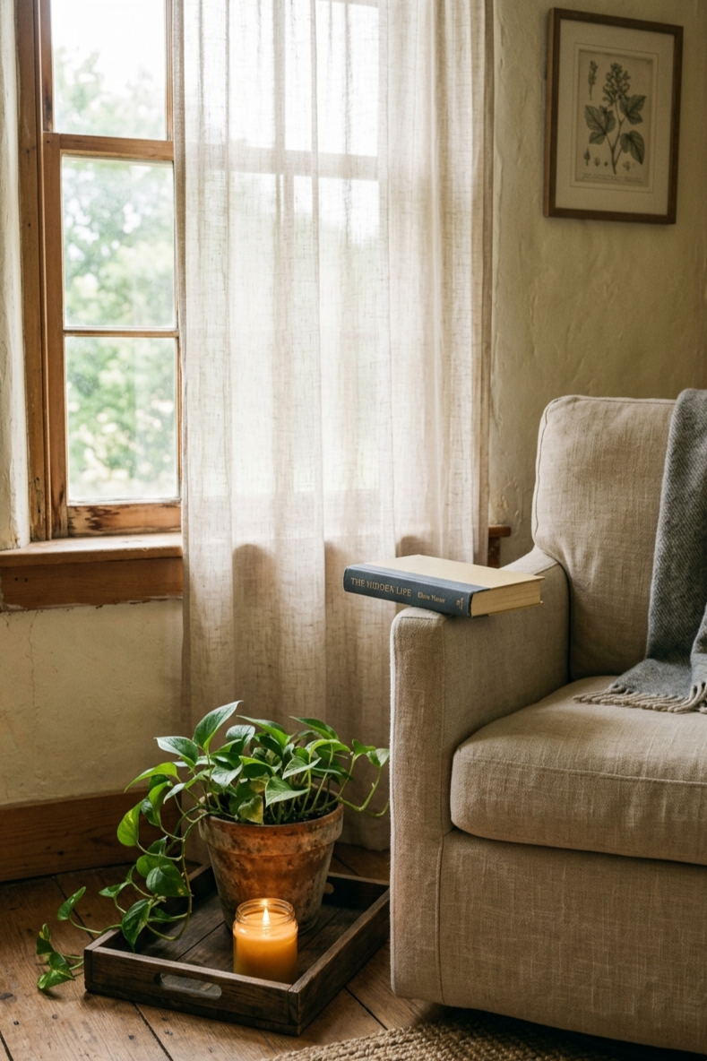 A cosy screen-free reading nook with a linen chair, a wooden tray holding a lit candle and small plant, and afternoon light through a sheer curtain