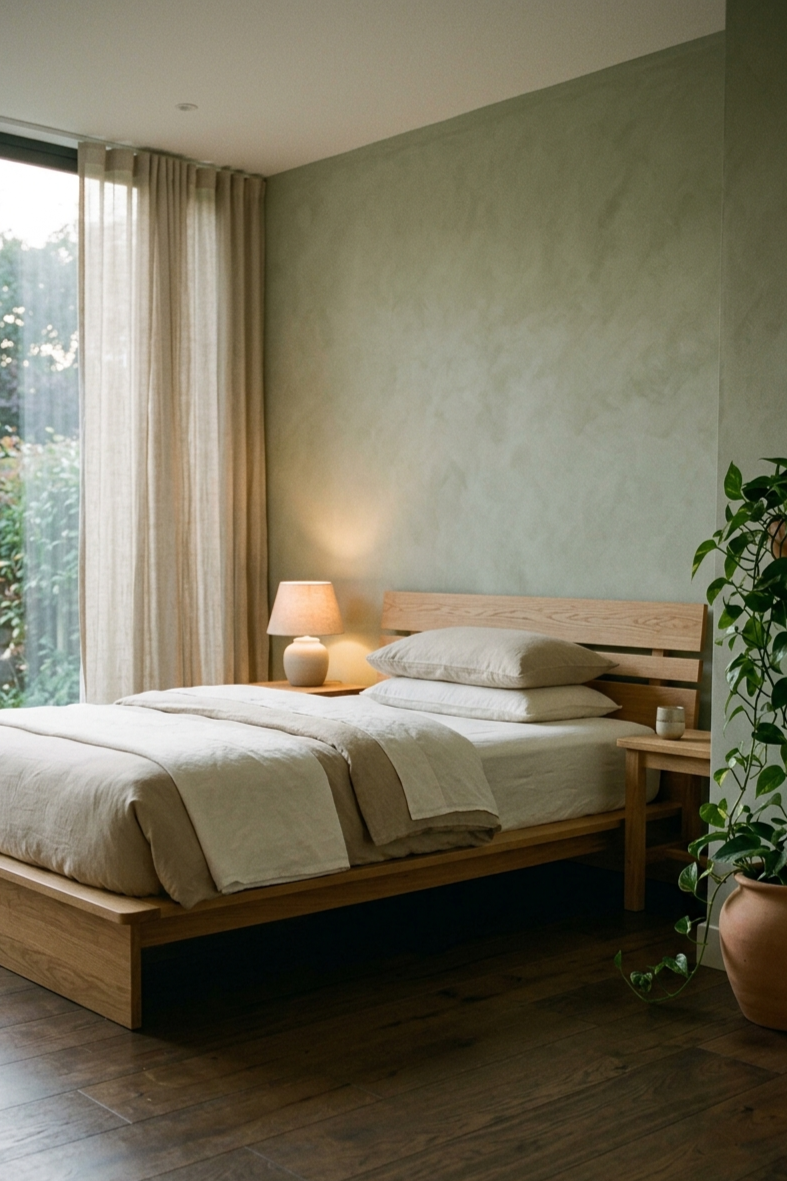Minimalist Japandi bedroom with a low platform bed in neutral linen, a single warm lamp on a wooden nightstand, and soft light through sheer curtains