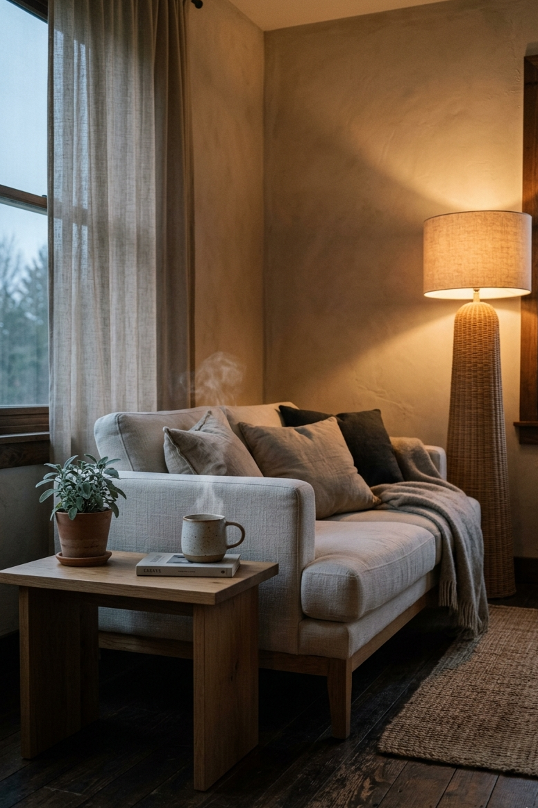 Warm Japandi living room corner at dusk with a rattan floor lamp, linen sofa, and a steaming ceramic mug on a dark wood side table