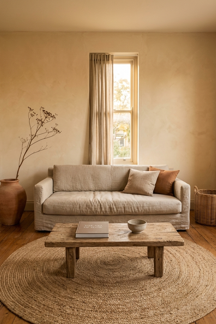 A calm, edited afrohemian living room with parchment walls, natural linen sofa, hand-carved coffee table, terracotta ceramic and woven basket in warm afternoon light with generous negative space