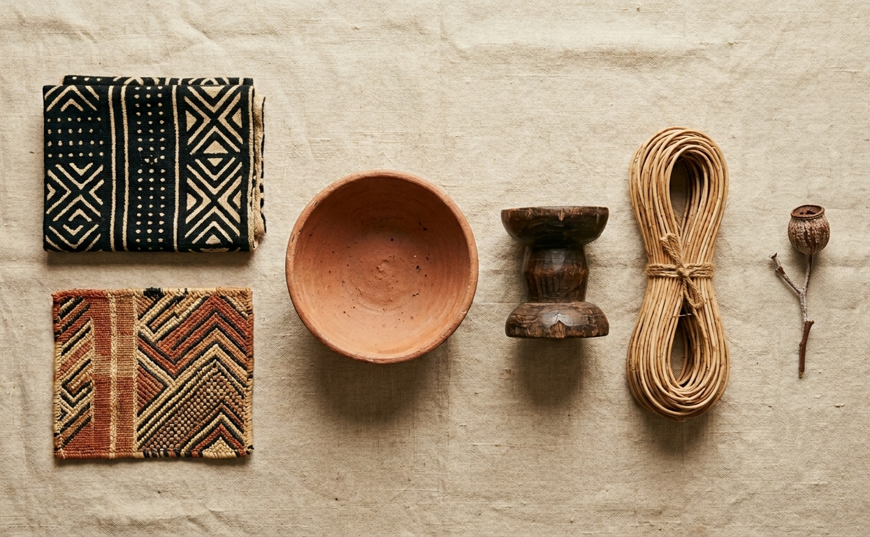 Overhead flat lay of afrohemian design materials — mudcloth textile, kuba cloth swatch, raw terracotta ceramic, hand-carved wood, rattan coil and dried botanical on undyed linen, each piece given space to breathe