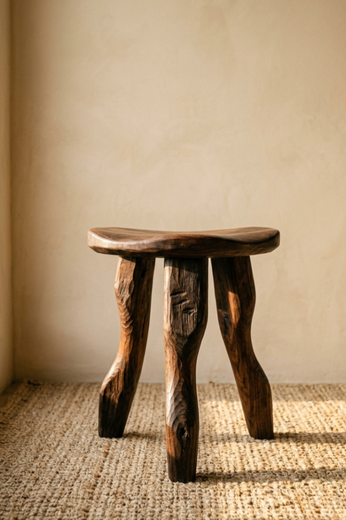 A single hand-carved dark wooden sculptural stool on a natural jute rug against a warm bare parchment wall in warm afternoon sidelight