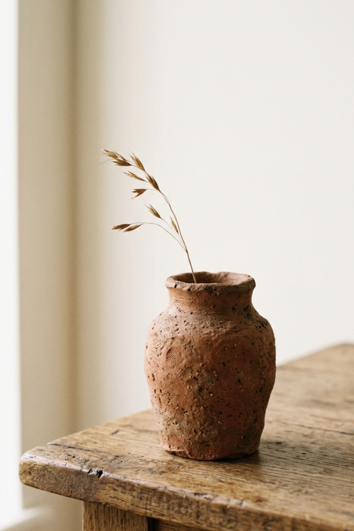 A single handmade terracotta ceramic vessel with visible clay texture holding a dried botanical stem, sitting on a plain wooden surface in soft natural window light with generous negative space