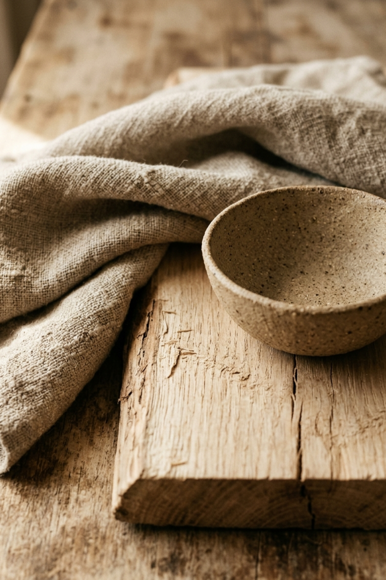 Close-up flat lay of natural Japandi textures — folded linen fabric, raw oak wood, and an unglazed matte ceramic bowl in warm side light