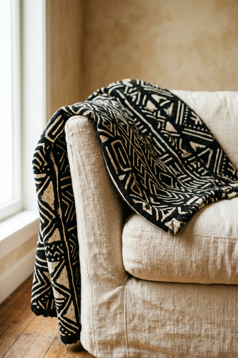 Close-up of a natural black and cream mudcloth throw draped over a cream linen sofa arm in soft natural sidelight, showing the geometric weave pattern in detail