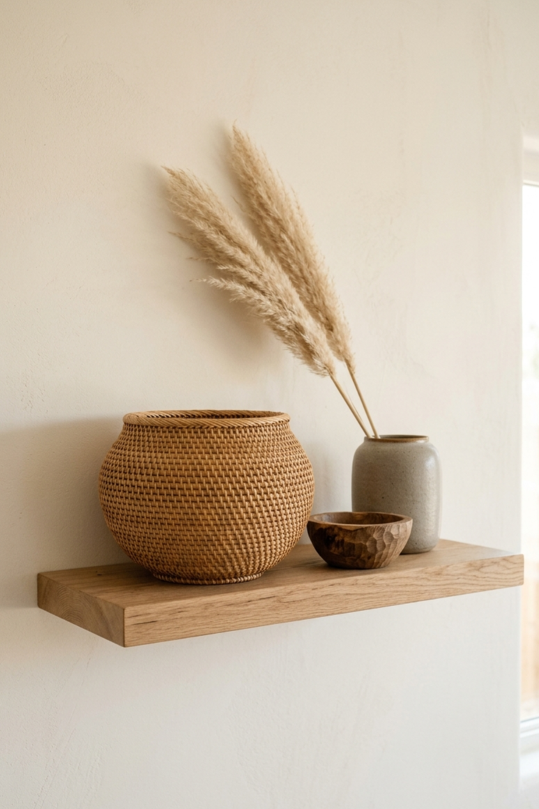 Minimal shelf styled with a woven rattan basket, hand-carved wooden bowl and raw stoneware ceramic vessel against a warm white wall in natural daylight