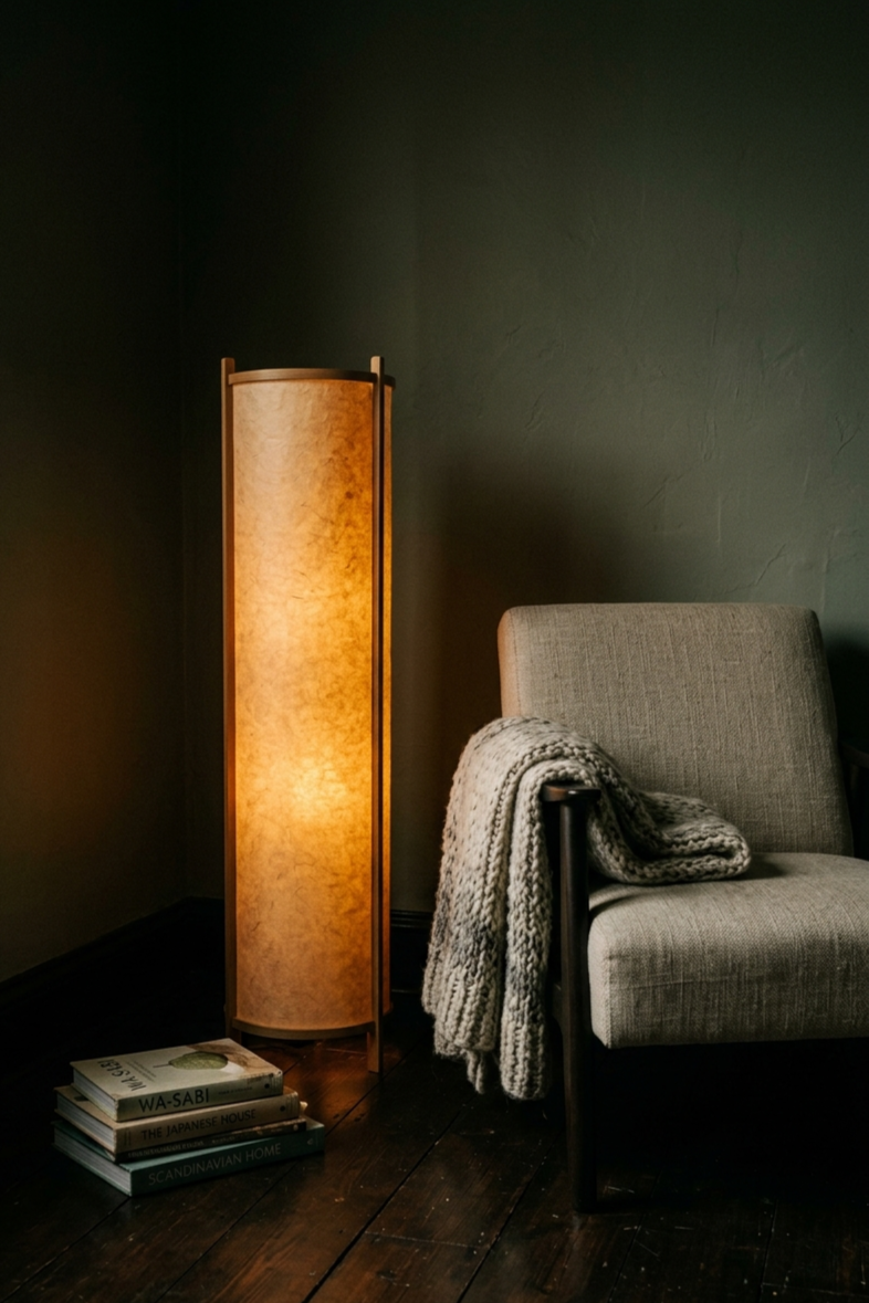 A glowing washi paper floor lamp casting warm amber light in a dark Japandi room, with a linen armchair and wool throw beside it