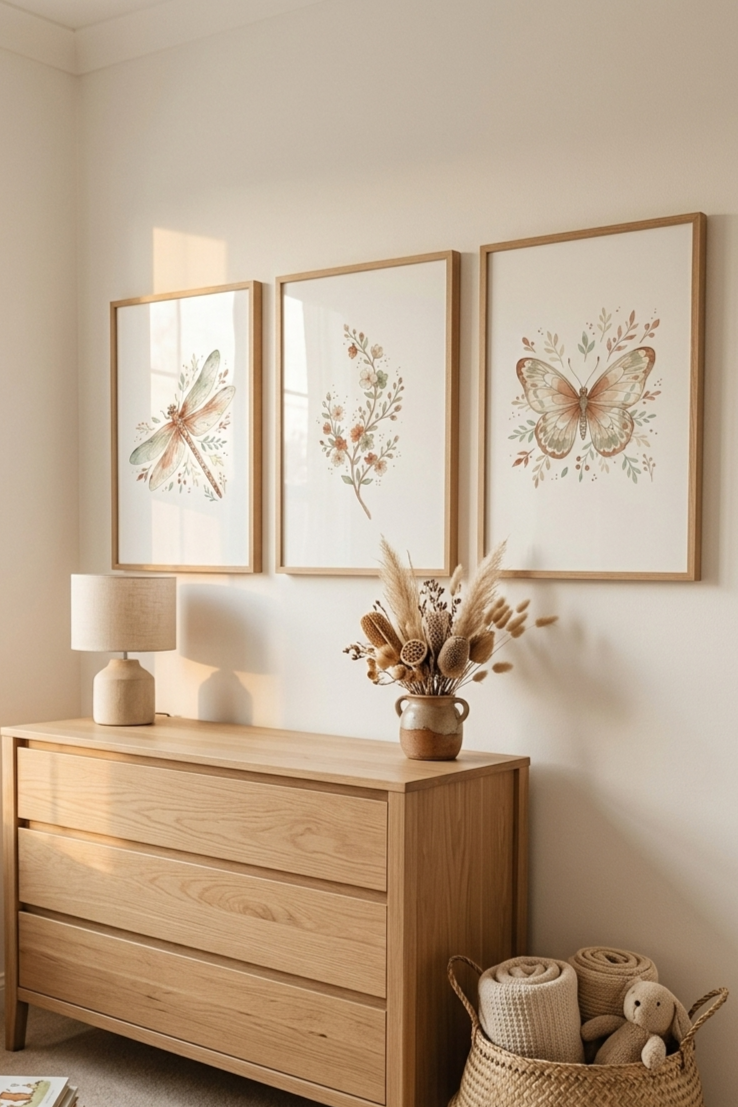 A calm nursery corner with a light oak dresser, warm white walls, three framed vertical botanical watercolor prints hung above the dresser in a row, a small ceramic pot with dried botanicals on the dresser surface, a woven basket on the floor beside it, soft afternoon light from the left, warm film tone, wide enough to show the full context of the room