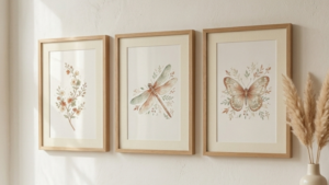 Three framed vertical botanical watercolor prints hanging in a row above a white wooden cot, soft natural daylight from a window to the left, warm white plaster wall, light oak frames, cream linen cot bedding visible below, small dried pampas grass in a ceramic vase on a shelf in the background, soft shadows on the wall, warm film tone, editorial nursery photography