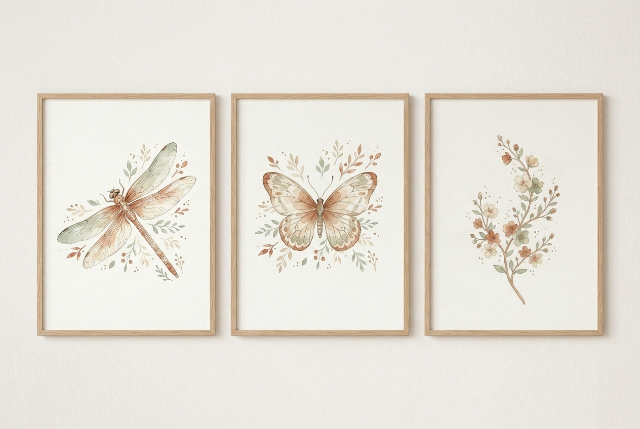 Three framed vertical botanical watercolor prints on a warm white wall, shot straight on, light oak frames, even soft diffused light, slight shadow depth on the wall around the frames, no other objects, clean and editorial, the prints are the only subject