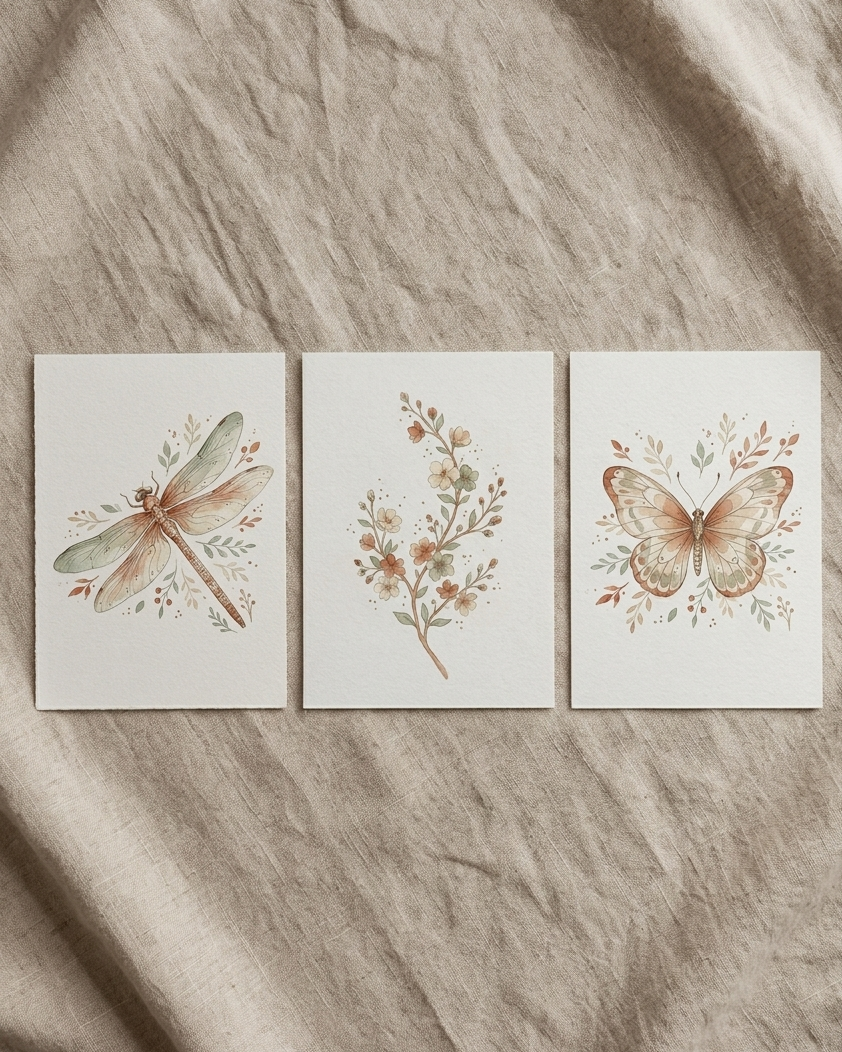 Three vertical botanical watercolor prints laid flat on a soft undyed linen surfaces, , overhead shot, soft diffused natural light, no harsh shadows, warm earthy tones, styled product photography