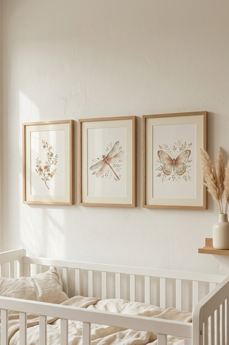 Three framed vertical botanical watercolor prints hanging in a row above a white wooden cot, soft natural daylight from a window to the left, warm white plaster wall, light oak frames, cream linen cot bedding visible below, small dried pampas grass in a ceramic vase on a shelf in the background, soft shadows on the wall, warm film tone, editorial nursery photography